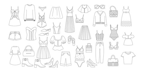 Fashion clothes set women.Coloring page trousers, blouses,  shoes, coats, accessories. Colored flat vector illustration isolated on white background