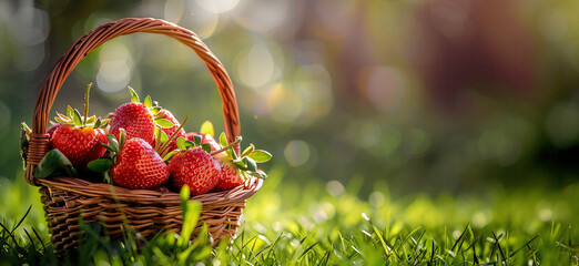 Wicker basket with fresh organic red strawberries in the grass background, with copy space.