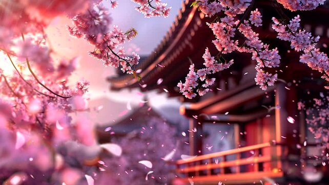 Scene of a flowers chinese with traditional building  in the background, animated virtual repeating seamless 4k	
