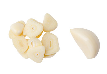 Top view set of peeled white garlic clove with slices isolated with clipping path in png file format