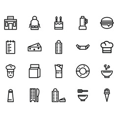 Collection of black line icons of bakery. Cheese grater, blender, dough, simple lines 32x32 pixel perfect.