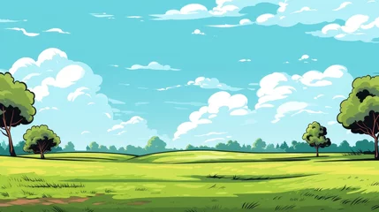 Ingelijste posters Grass Field landscape with blue sky and white cloud. Blue sky clouds sunny day wallpaper. illustration of a Grass Field with blue sky. green field in a day.  © jokerhitam289