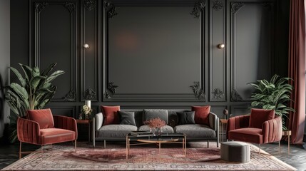 Retro style in beautiful living room interior with grey empty wall. 3d render