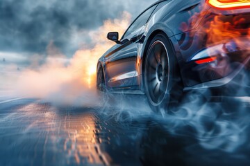 Stock photo of a fast car going a high speed with smoking brakes