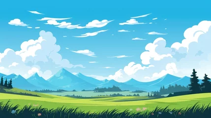 Deurstickers Grass Field landscape with blue sky and white cloud. Blue sky clouds sunny day wallpaper. illustration of a Grass Field with blue sky. green field in a day.  © jokerhitam289