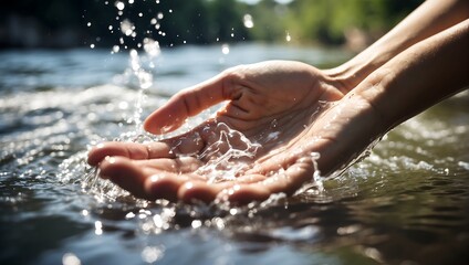 Hands catching splashing river water at sunset.Generative AI