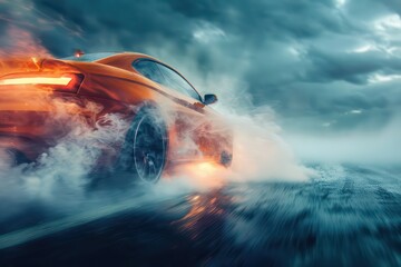 Stock photo of a fast car going a high speed with smoking brakes