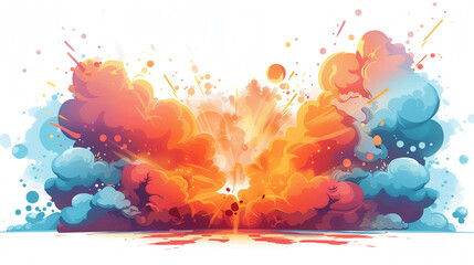 An artistic representation of a classic cartoon-style explosion featuring a central burst with bold lines and puffs of smoke
