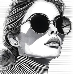 A blackandwhite portrait of a woman with sunglasses covering her eyes, emphasizing her strong eyebrows and defined chin - obrazy, fototapety, plakaty