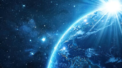 Fototapeta premium The background of the earth from space with a blue glow and sun rays