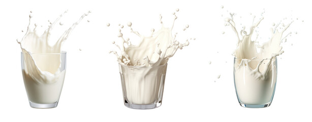 Set of liquid milk splash in glasses transparent background