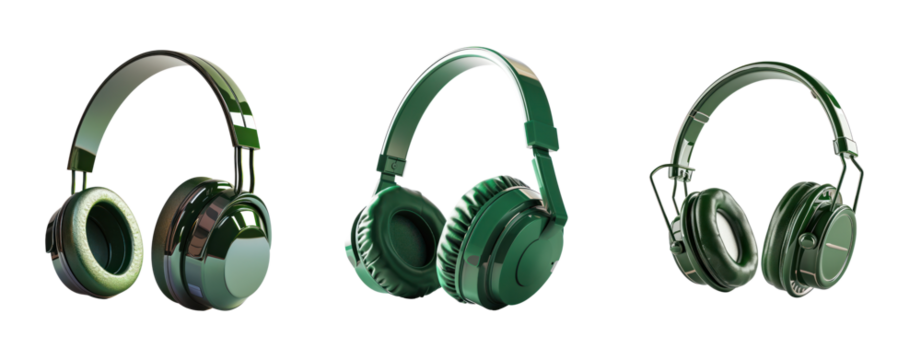 Set of green headset headphone isolated on transparent background.