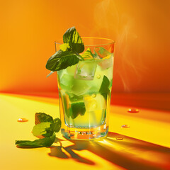 Mojito cocktail deep blacks and bright saturated colors, geometric shapes, bold colors, and a playful juxtaposition of elements.