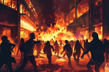 A chaotic crowd fleeing a blazing shopping center. Illustration 