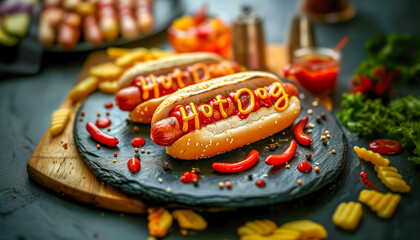 Hot dog on the board - obrazy, fototapety, plakaty