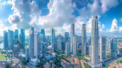 A panoramic view of a cityscape with tall office buildings, showcasing the integration of technology and workspaces 