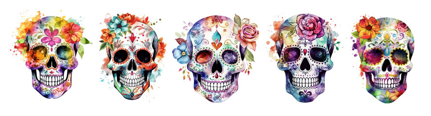 Set of Sugar Skull watercolor illustrations. Vibrant skulls with flowers and watercolor splashes for the Day of the Dead design. 