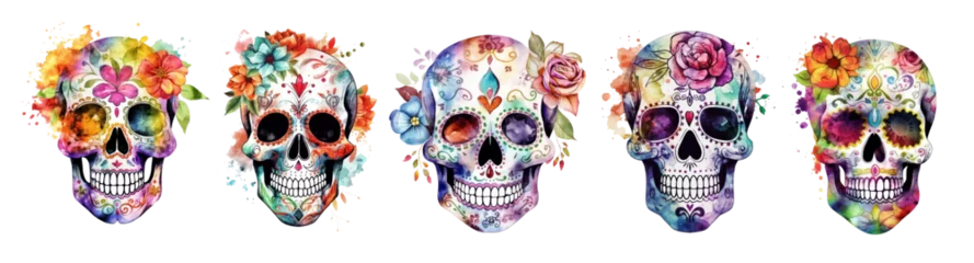 Behang Aquarel doodshoofd Set of Sugar Skull watercolor illustrations. Vibrant skulls with flowers and watercolor splashes for the Day of the Dead design. 
