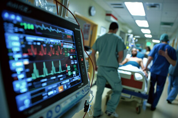 Close-up of ECG monitor in ICU room with patient in the background.
