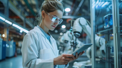 An image of a professional woman industrial engineer analyzing data on a tablet while overseeing the operation of sophisticated robotic arms in a modern