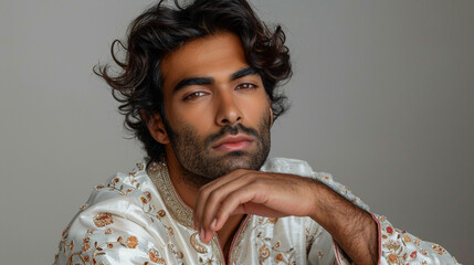 An image of an Indian skincare model in Mumbai with his hand softly resting on his chin - obrazy, fototapety, plakaty