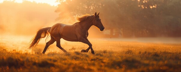 Wild horse galloping across a field at dawn, freedom and wildness personified.