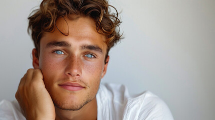 Fototapeta premium An image of an Italian male skincare model in Rome with his hand lightly brushing his jawline