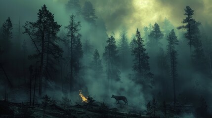 A surreal scene of a forest shrouded in smoke, with ghostly silhouettes of trees and animals  - obrazy, fototapety, plakaty