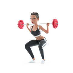 3d sporty character woman lifting barbell