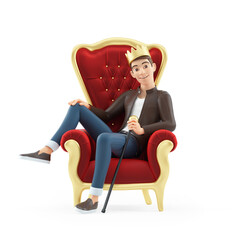 3d cartoon man sitting in throne