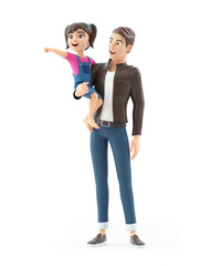 3d cartoon man holding his daughter who pointing finger