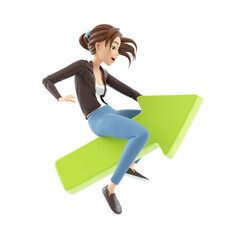 3d cartoon woman riding green arrow up