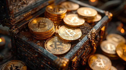A treasure chest overflows with golden Bitcoin coins, depicting wealth and investment in cryptocurrency. - obrazy, fototapety, plakaty