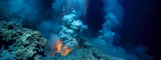 Vivid Underwater Volcanic Eruption with Coral Reefs