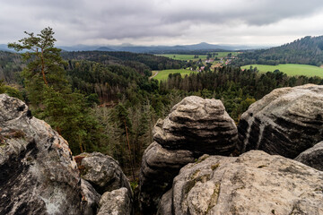 Landscape of the Czech Switzerland National Park viewed from Saunstejn rock castle, Czech Republic.