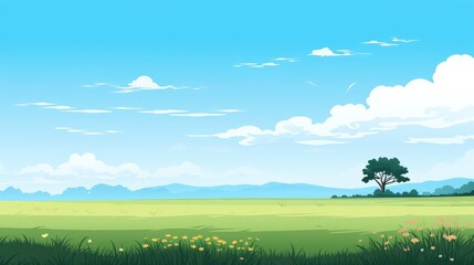 Fototapeta na wymiar Grass Field landscape with blue sky and white cloud. Blue sky clouds sunny day wallpaper. illustration of a Grass Field with blue sky. green field in a day. 