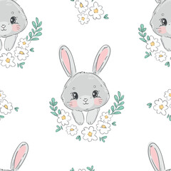 Cute rabbits and flowers background vector seamless pattern 