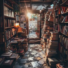 Vintage bookstore in a cozy alley, stacks of books bathed in warm light.