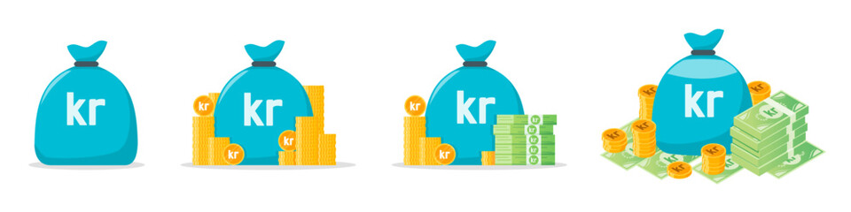 Krona or Krone Money Bag Icon Set