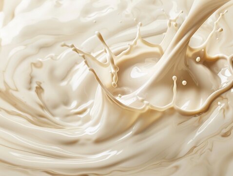 Pouring oat milk, coffee merging below, background in soft oat milk shade, serene flow , high resolution