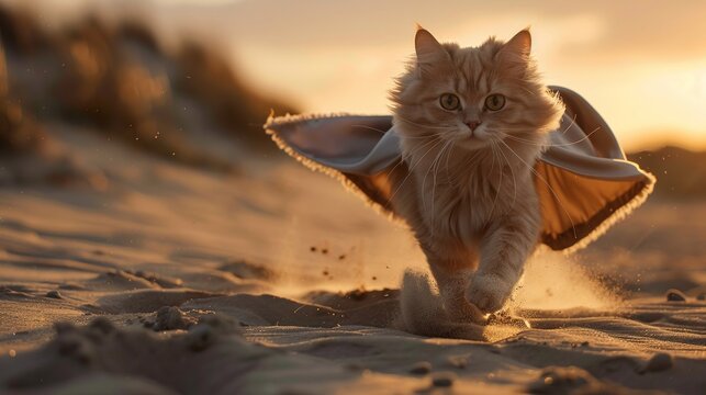 Persian cat with a princess cape, sprinting across a sandy beach, front view, sunset, dramatic shadows , soft photography