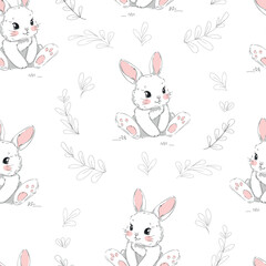 Cute rabbits background vector seamless pattern, Bunnys 