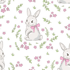 Cute rabbits and little flowers background vector seamless pattern, Bunnys 