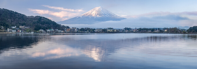 Mount Fuji panorama at sunrise, Lake Kawaguchi, Kawaguchiko, Yamanashi Prefecture, Japan