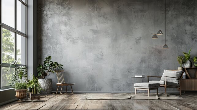 Retro style in beautiful living room interior with grey empty wall. 3d render