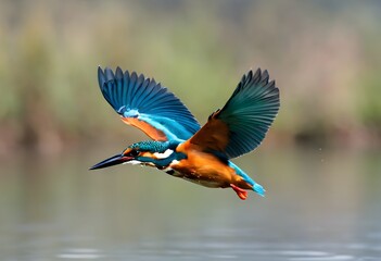 A Kingfisher in flight over water