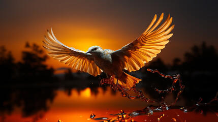 Obraz premium A bird with outstretched wings in flight against a vibrant sunset backdrop,with a few water droplets seemingly floating in the air around its feet.Sunlight illuminates the translucent feathers.AI gene