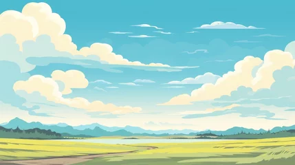 Foto op Canvas Grass Field landscape with blue sky and white cloud. Blue sky clouds sunny day wallpaper. Cartoon illustration of a Grass Field with blue sky in Summer. green field in a day. © jokerhitam289