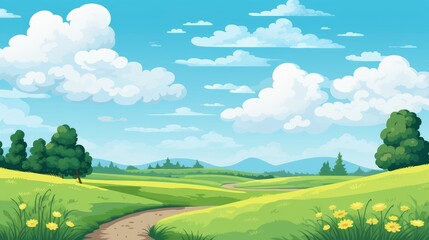 Grass Field landscape with blue sky and white cloud. Blue sky clouds sunny day wallpaper. Cartoon illustration of a Grass Field with blue sky in Summer. green field in a day.