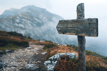 An old wooden signpost on a mountain trail with hazy peaks in the background. - Powered by Adobe